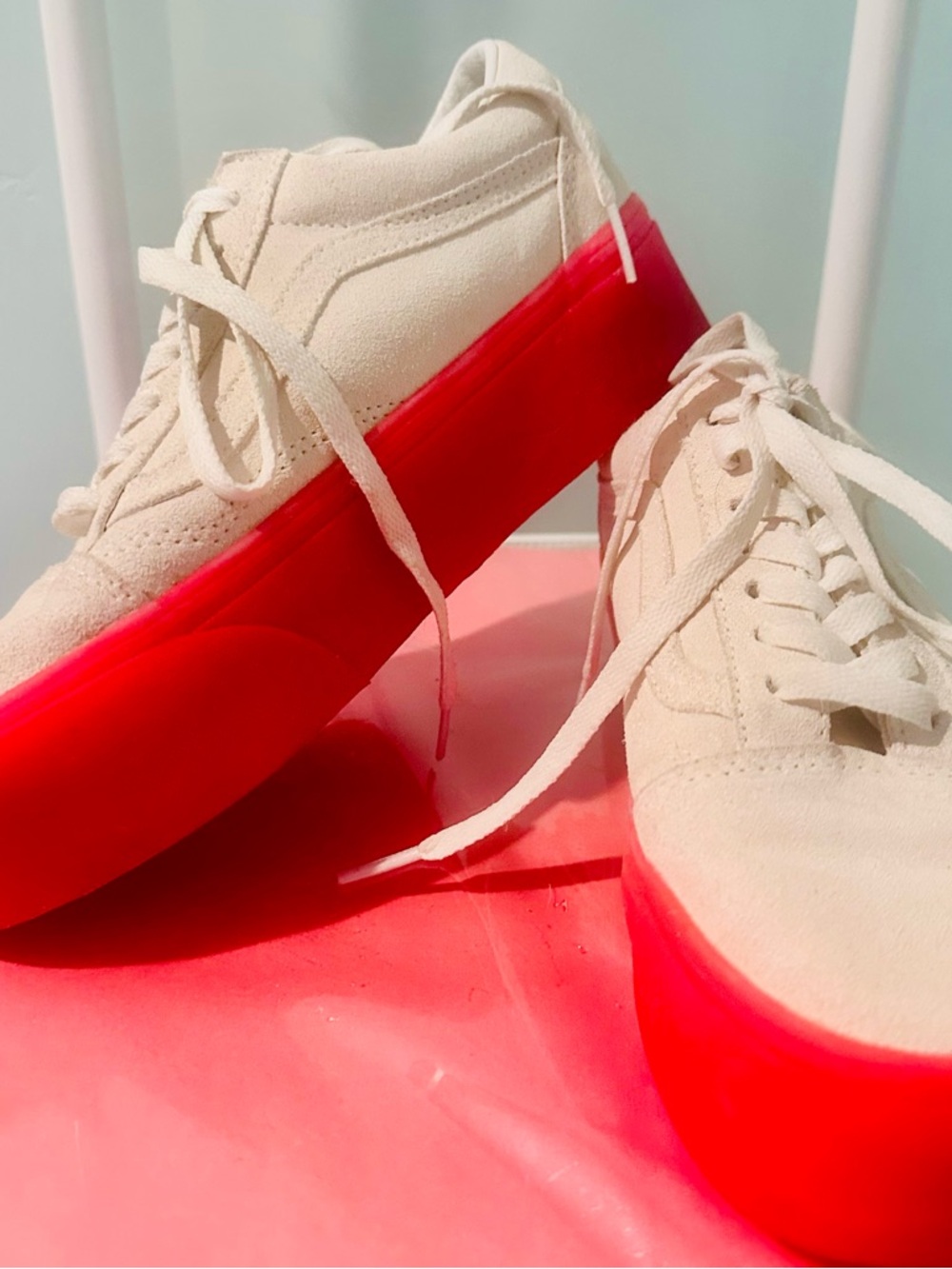 Vans Cream Suede Canvas Low-Top Sneakers with Pinkish Platform Sole